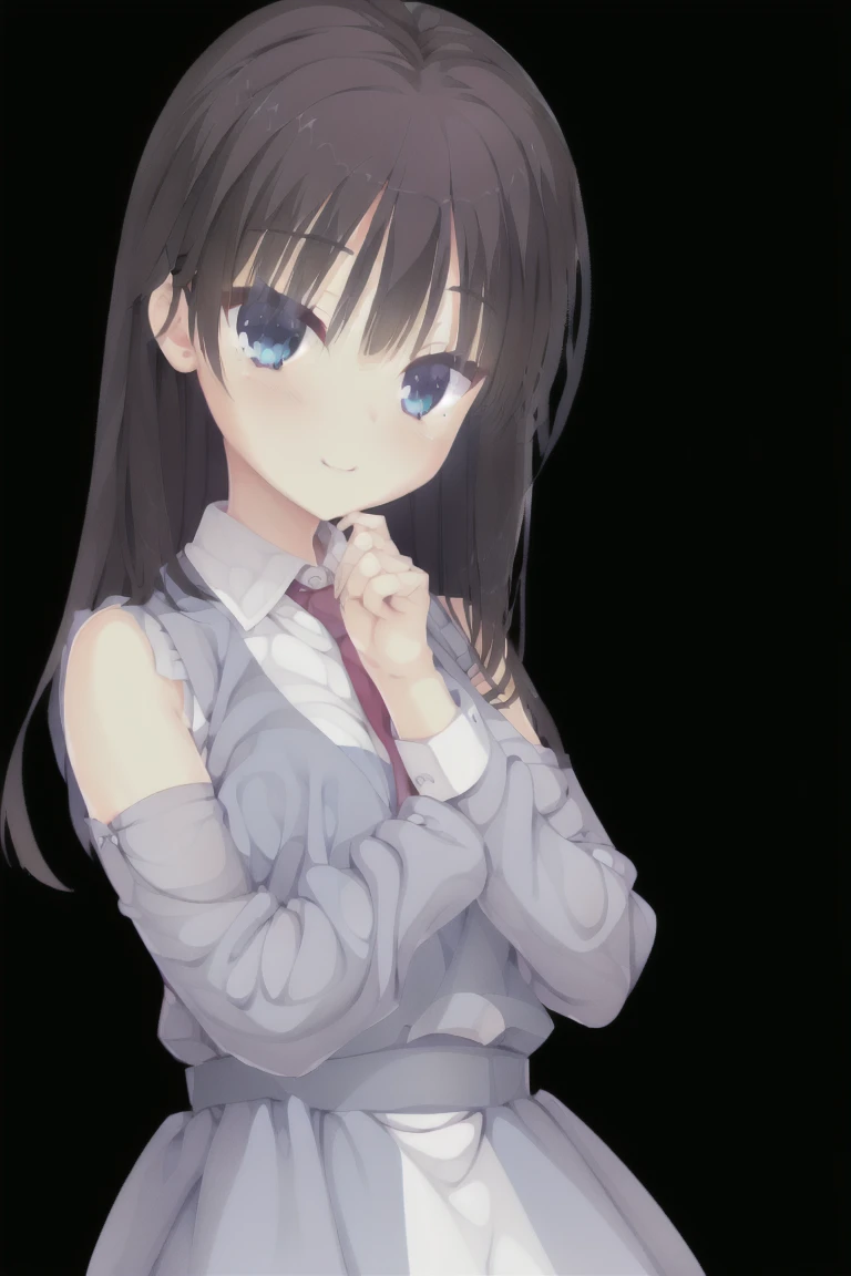 1girl,smiling,bangs,blunt_bangs,long_hair,solo,blue_eyes,blush,simple_background,white_background,black_hair,eyebrows_visible_through_hair,looking_at_viewer,long_sleeves,dress,shirt,sleeveless,upper_body,vest,sleeveless_dress,white_shirt,collared_shirt,blue_dress,y_sleeves,hands_up,closed_mouth,interlocked_fingers,own_hands_clasped,blue_vest, full body, Character portrait, whole body, expensive_solve, clear_image, expensive_Contrast, 8k, Sparkling, beautiful_detailed_face_and_eye, (Black Hair:1.25), 白 eye,Black background
