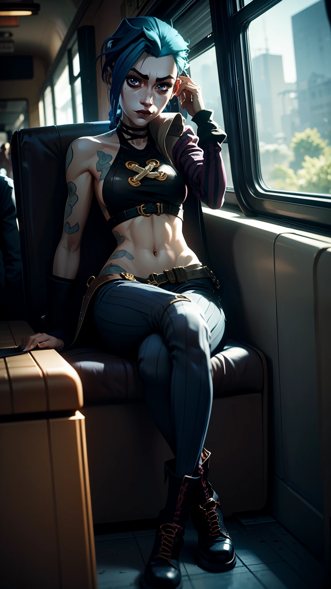 Jinx, arcane jinx, sitting on a train seat, 8k unreal engine design, vibrant colors, next to a window, jinx arcane outfit, jinx arcane clothes