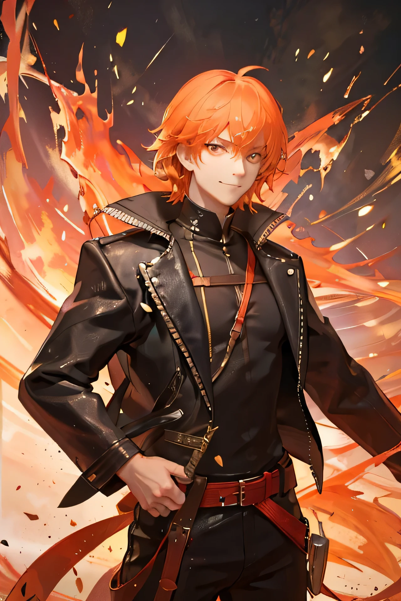 Black tied hair man, with a sword on his sword wearing a leather jacket, bright orange eyes, with a friendly smile.
