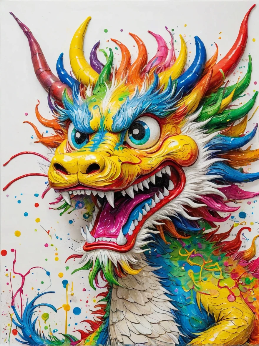 Drawing by Takashi Murakami and Peter 5 year olds scribble drawing of Chinese dragon,messy, crayons on white construction paper, not good, full body drawiing, unfinished, 4K, octane render