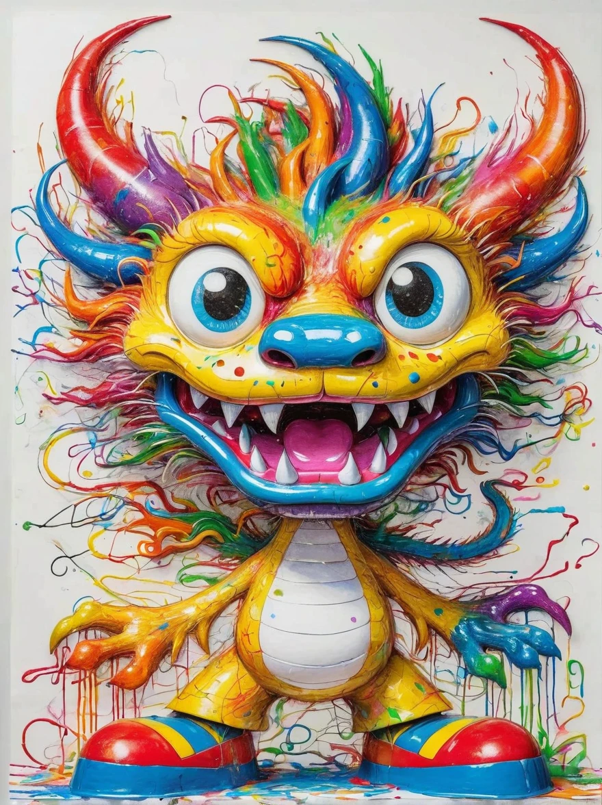 Drawing by Takashi Murakami and Peter 5 year olds scribble drawing of Chinese dragon,messy, crayons on white construction paper, not good, full body drawiing, unfinished, 4K, octane render