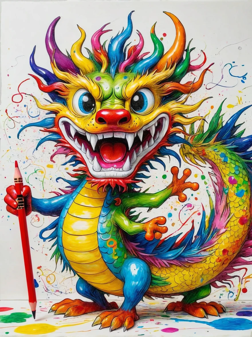 Drawing by Takashi Murakami and Peter 5 year olds scribble drawing of Chinese dragon,messy, crayons on white construction paper, not good, full body drawiing, unfinished, 4K, octane render