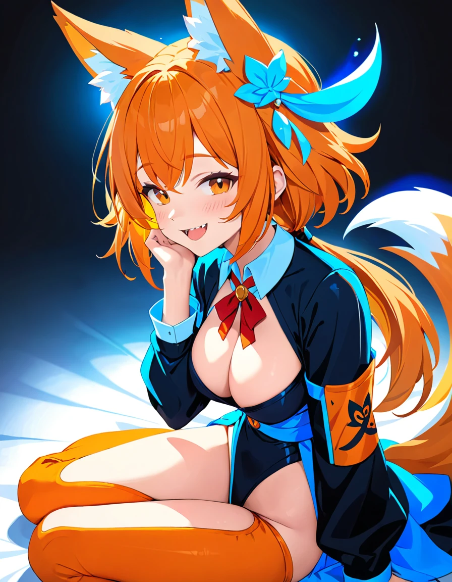 (masterpiece, best quality: 1.2), high resolution, high quality, fox girl, cute , smile, outfit random, orange hair, a fang, spiritual aura, sitting, sideways