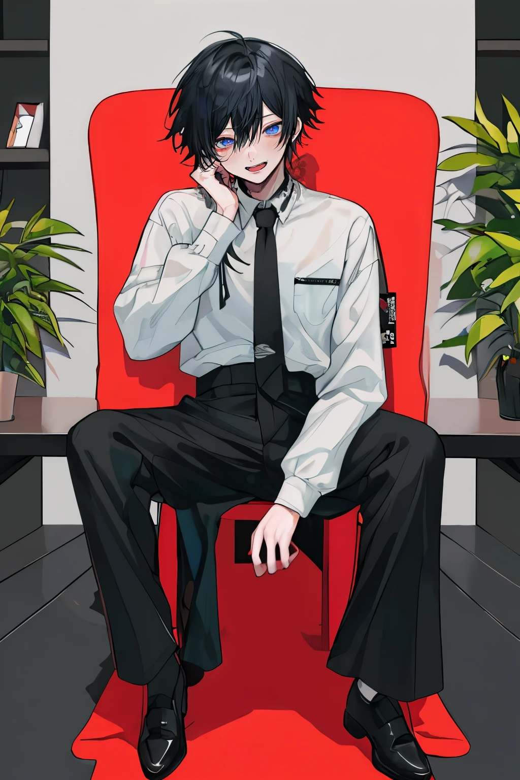 18-year-old boy,cute,Wear a white long-sleeved shirt and a black work tie,Wear black pants,Wear black booties,Wear black gloves,Black hair,Black eyes,porn pose