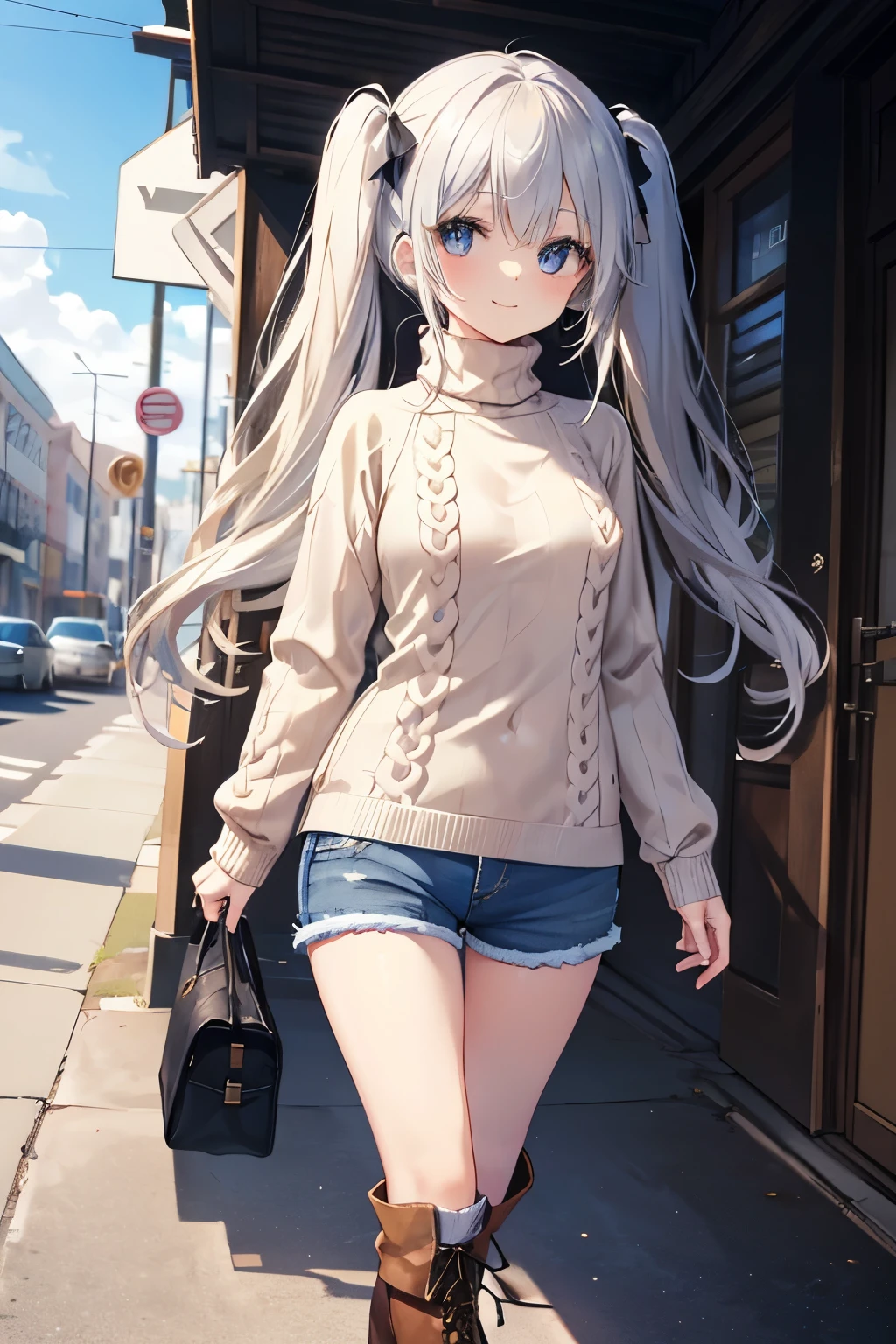 Silver Hair、Blue Eyes、girl、Small breasts、Twin tails、girl、Small breasts、Lolita、Bright smile、Looks about 15 years old、Petan Musume、short、目のhighlight、Sexy thighs、Walking Outside、blue sky、(Long knit sweater with beige high neck:1.4), ,(Blue jeans fabric shorts),(Black boots)、(Small Black Enamel Bag)、Your eyes are so beautiful、highlight