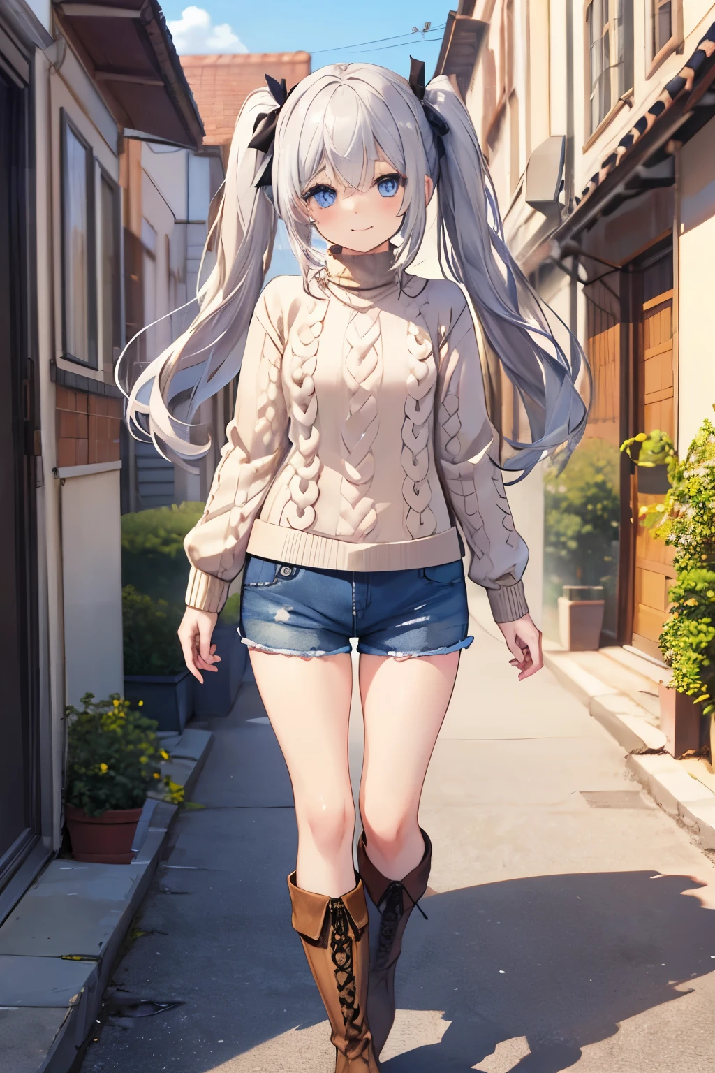 Silver Hair、Blue Eyes、girl、Small breasts、Twin tails、girl、Small breasts、ta、Bright smile、Looks about 15 yan Musume、short、目のhighlight、Sexy thighs、Walking Outside、blue sky、(Long knit sweater with beige high neck:1.4), ,(Blue jeans fabric shorts),(Black boots)、(Small Black Enamel Bag)、Your eyes are so beautiful、highlight