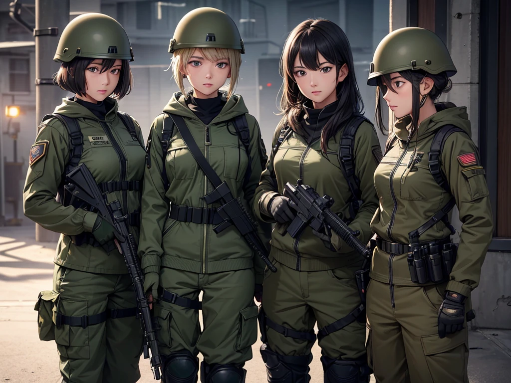 Three female soldiers wearing special forces helmets,Dark green M51 hoodie military uniform、front、Close Range、Parallel Station、Crotch guard、military trousers、Bullet belt、Tactical harness、Gun in hand、Knee pads、Tactical Holster、Military base gate,Write details、masterpiece、best quality、Highly detailed CG、8K picture quality、theater lighting、lens flare