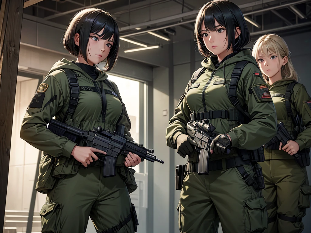 Three female soldiers wearing special forces helmets,Dark green M51 hoodie military uniform、front、Close Range、Parallel Station、Crotch guard、military trousers、Bullet belt、Tactical harness、Gun in hand、Knee pads、Tactical Holster、Military base gate,Write details、masterpiece、best quality、Highly detailed CG、8K picture quality、theater lighting、lens flare