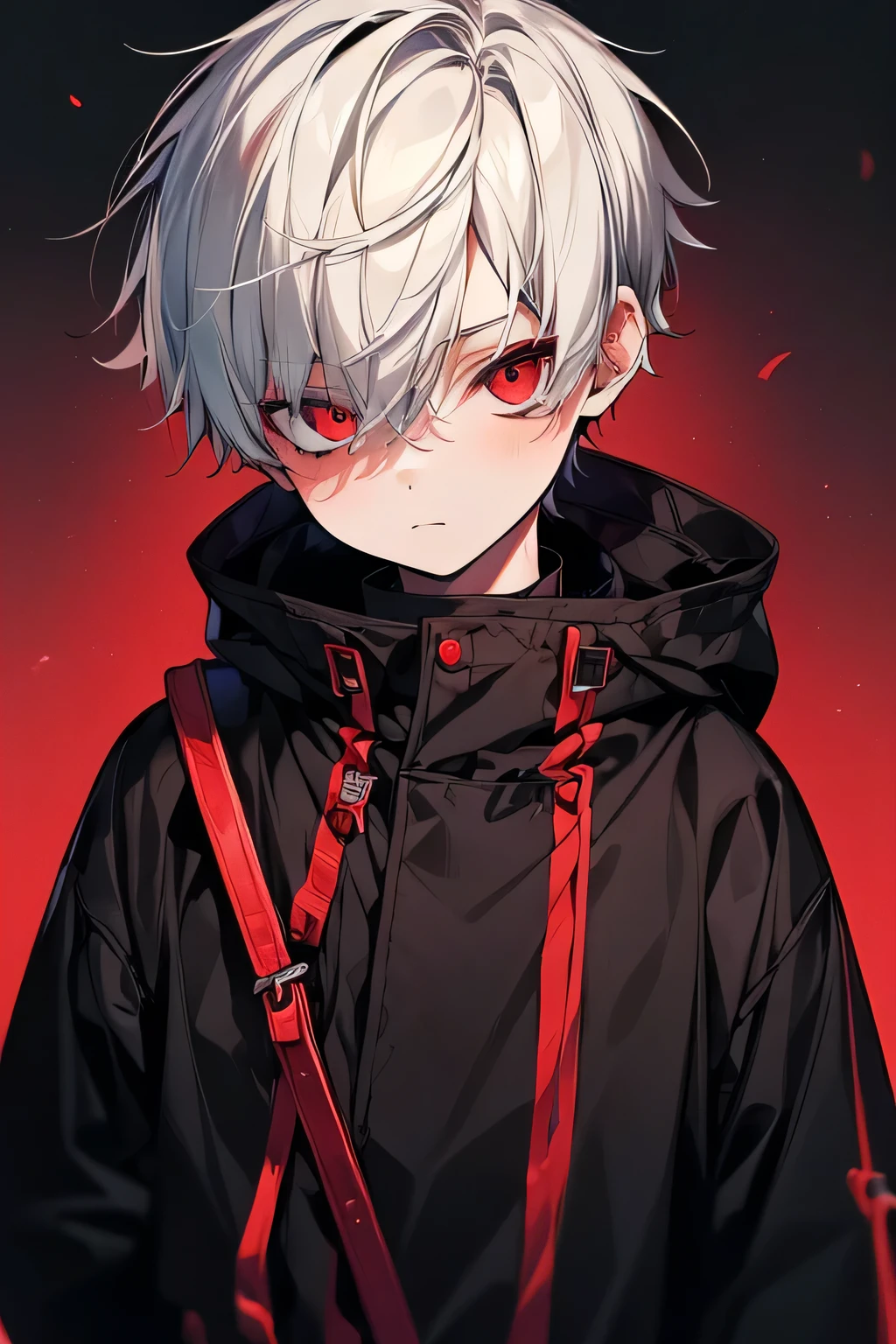 [( Cenematic BACKGROUND:1.5),::5], ((((masterpiece)))), high quality, ultra_very_high_resolution, large_filesize, full color, (((solo))), ((little boy)), (((White short hair))), red eyes, anime, upper body, red light, black parka
Gender man , extra detail 
