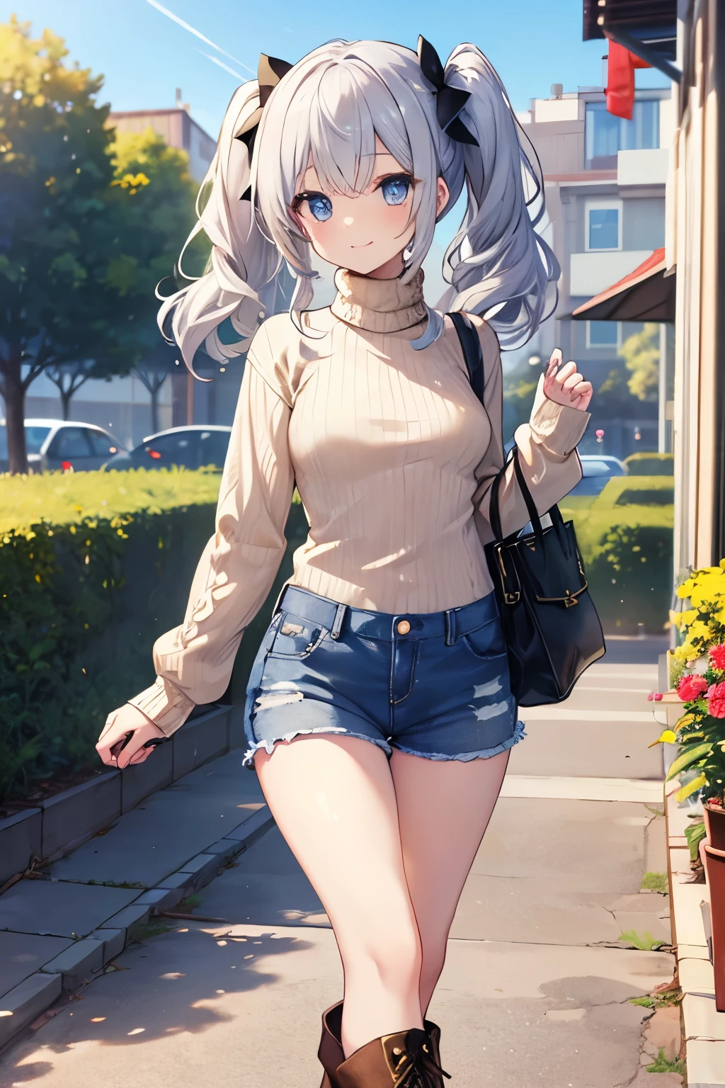 Silver Hair、Blue Eyes、girl、Small breasts、Twin tails、girl、Small breasts、Lolita、Bright smile、Looks about 15 years old、Petan Musume、short、目のhighlight、Sexy thighs、Walking Outside、blue sky、(Long knit sweater with beige high neck:1.4), ,(Blue jeans fabric shorts),(Black boots)、(Small Black Enamel Bag)、Your eyes are so beautiful、highlight