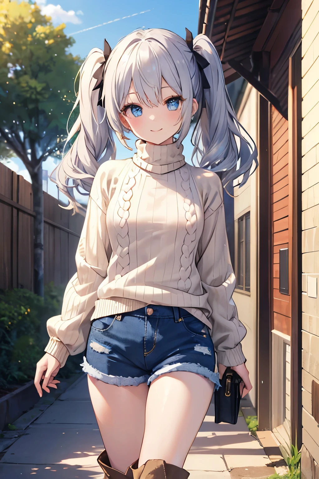 Silver Hair、Blue Eyes、girl、Small breasts、Twin tails、girl、Small breasts、Lolita、Bright smile、Looks about 15 years old、Petan Musume、short、目のhighlight、Sexy thighs、Walking Outside、blue sky、(Long knit sweater with beige high neck:1.4), ,(Blue jeans fabric shorts),(Black boots)、(Small Black Enamel Bag)、Your eyes are so beautiful、highlight