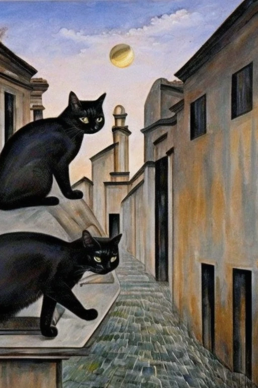 Giorgio de Chirico style, oil painting art, Metaphysical painting, (Best Quality,masutepiece:1.2), 1 black cat, ancient city