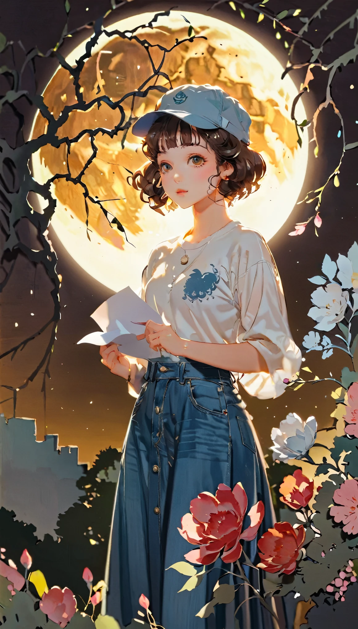 (((paper cutting style))), 1 girl, short brown curly hair, cap, shirts and denim, portfolio, with a giant full moon illuminating the background
