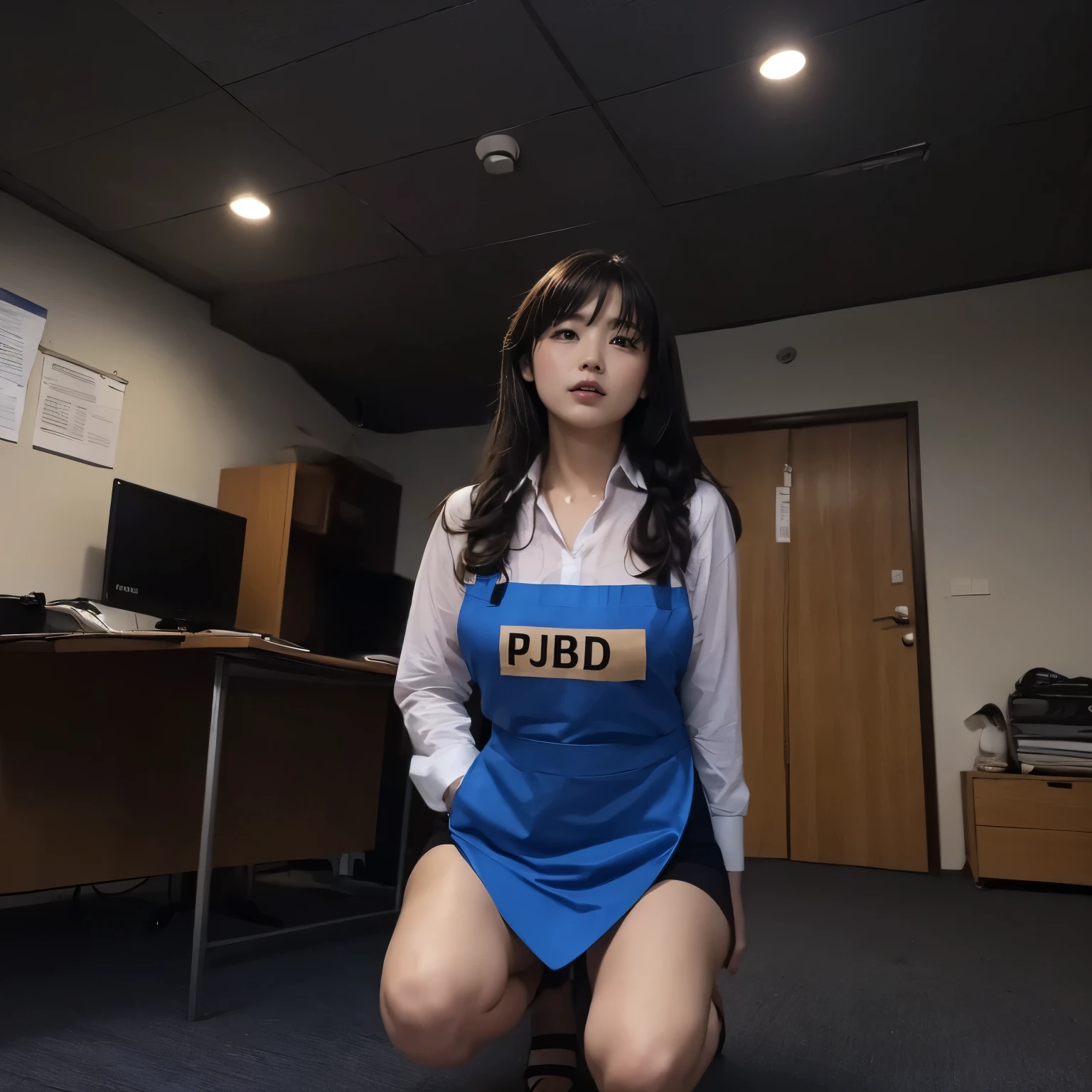 works as a manager in the dark, in the dim office, ((standing and showing off pubic hair)), wide spread legs, blouse, id card, squatting, apron, braid, floor, ceiling,