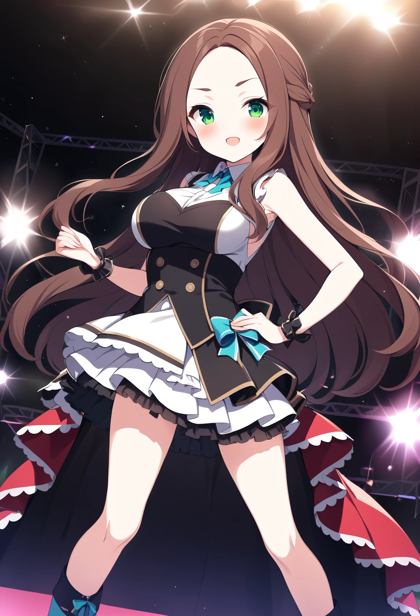 nanjoukumiko, brown hair, brown hair, forehead, long hair, green eyes, large breasts,, Live Stage, solo