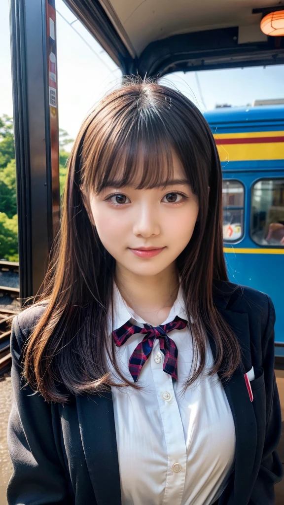 (masterpiece:1.2, highest quality), bokeh, 1 high school girl,
(Japanese idle:1.6), Plump breast, Blushed face, Looking at the viewer, standing at the train railway, high school uniform:1.6), sundown, Close up, expresses the roundness and softness of your chest