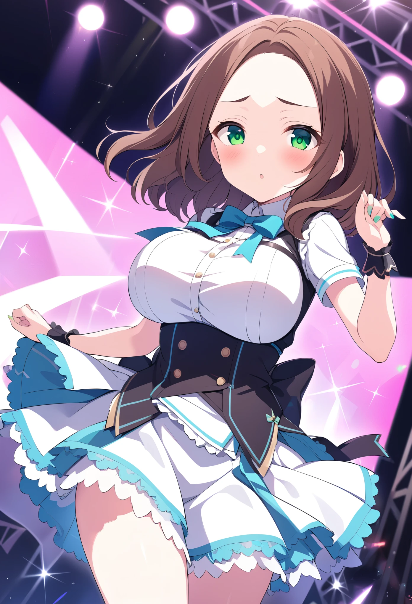 nanjoukumiko, brown hair, brown hair, forehead, Medium hair, green eyes, large breasts,, Live Stage, solo