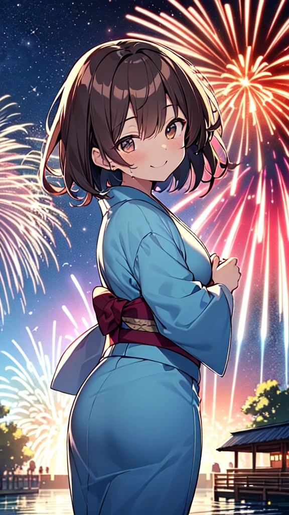 highest quality, masterpiece, Ultra-high resolution, 8k,Summer night sky,early summer,((yukata)),Show anime style , One, Soft Line Art, Digital Enhancement, shojo anime touch, shojo manga core, Flowing fabric, close, Soft Drawing, Ultra-Definition Digital Anime Art, Clear facial depiction, Super detailed girl cartoon character art, Ultra-detailed manga style, Anatomically correct limbs and fingers,highest qualityの色,
(Short brown hair), Wet Hair,,Beautiful brown hair, Clear brown eyes, Slightly chubby,Small breasts,The butt is small,(((Teasing Smile))), Put your arms behind your back, (Are standing), (avert your eyes), In summer, Ferris wheel, Summer festival, dream-like, Shineネオンライト, (Dynamic Angle, In detail, (bloom), (Shine), Shine星, ((((最も詳細なfirework)))), ((((Depth of written boundary)))), (((firework))),(((Backlight))),)