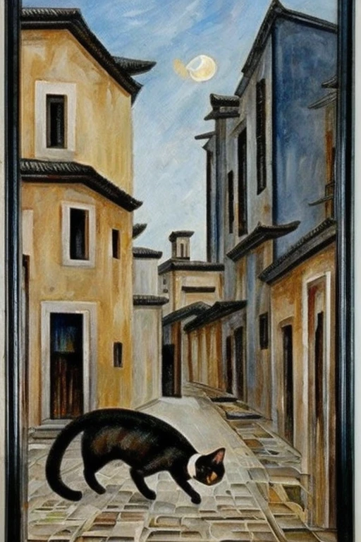Giorgio de Chirico style, oil painting art, Metaphysical painting, (Best Quality,masutepiece:1.2), 1 black cat, ancient city