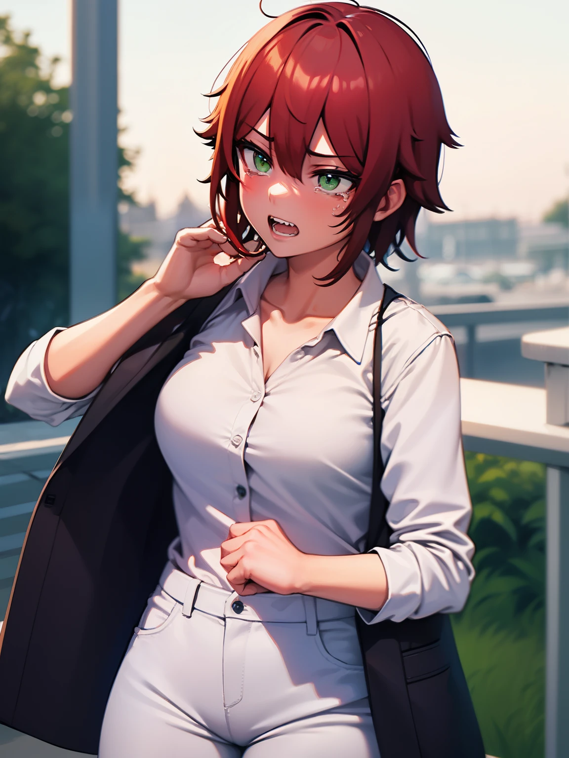 8k, best quality, masterpiece, ultra-detailed,Crying, sad expression, teeth showing, tears coming out,1girl,solo,short hair, green eyes,red hair,white shirt,white shirt,Long-sleeved shirt,black trousers,ultra detail, ultra HD