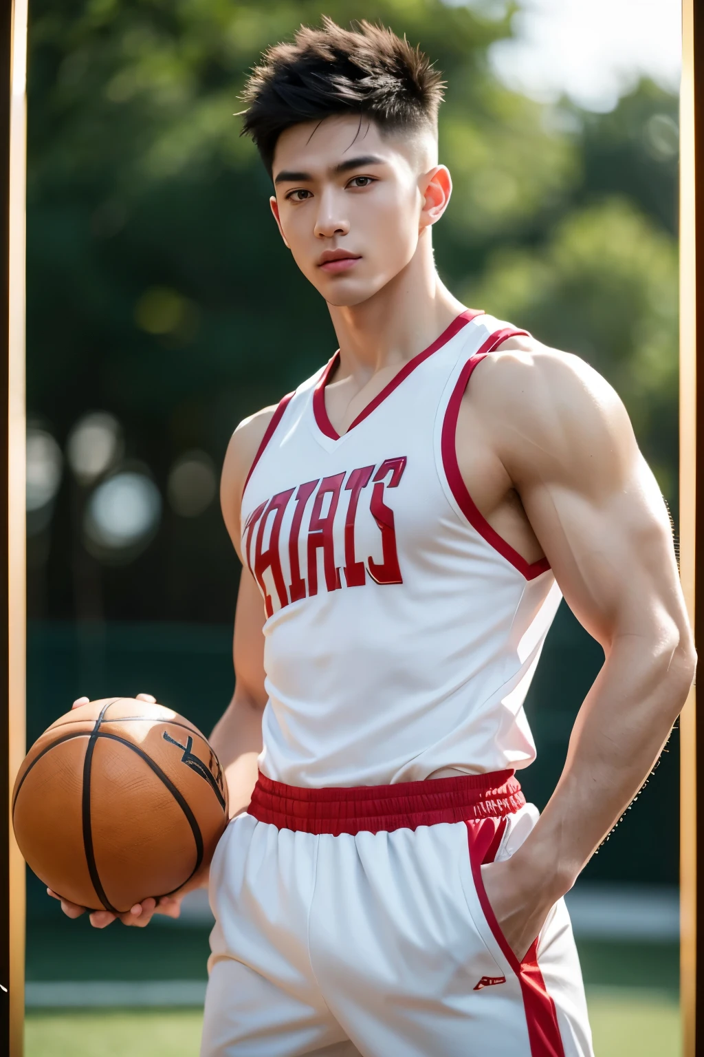A muscular anime-style schoolboy with short white spiked hair, wheat-colored skin, wearing a basketball outfit, smooth and silk textures, golden pupils, perfect detailed eyes, best quality, 4k, 8k, highres, masterpiece, ultra-detailed, realistic, photorealistic, photo-realistic, HDR, UHD, studio lighting, ultra-fine painting, sharp focus, physically-based rendering, extreme detail description, professional, vivid colors, bokeh