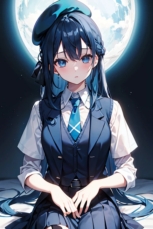 Blue beret　Dress shirt　Blue vest　Blue Skirt　Blue tie　Braiding　long　Black Hair　Blue Eyes　night　１People Girl