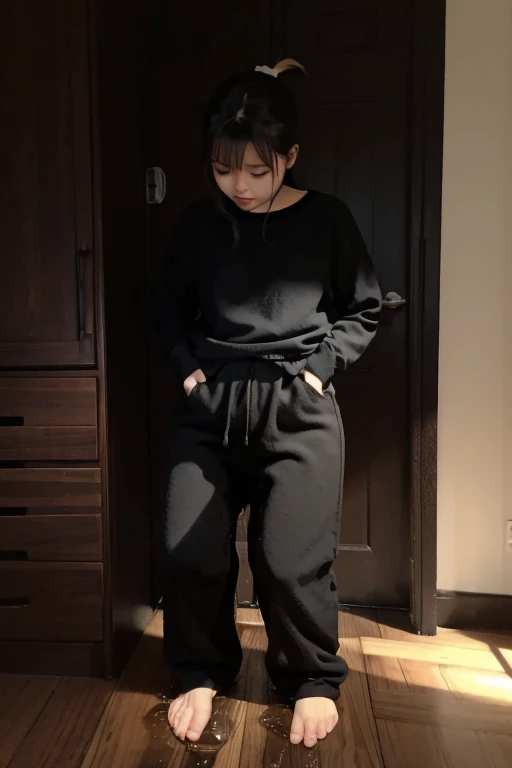 Japanese Girl sees the ghost and pees her black palazzo pants until her pants are wet in fright.