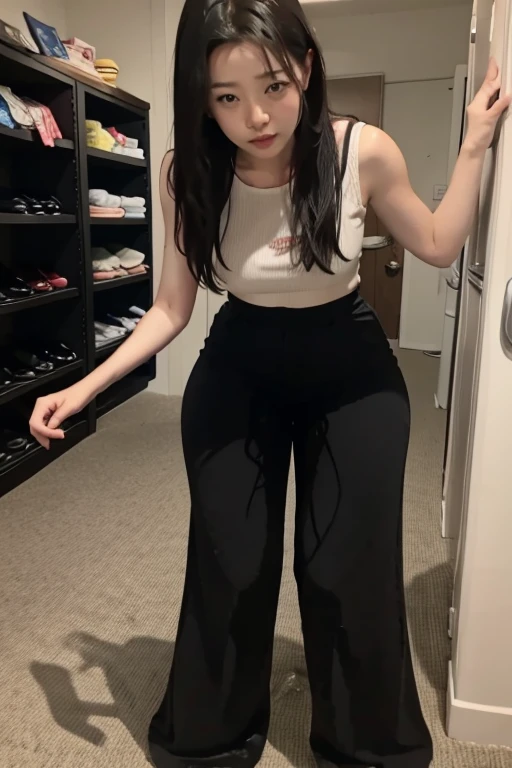 Japanese Girl sees the ghost and pees her black palazzo pants until her pants are wet in fright.