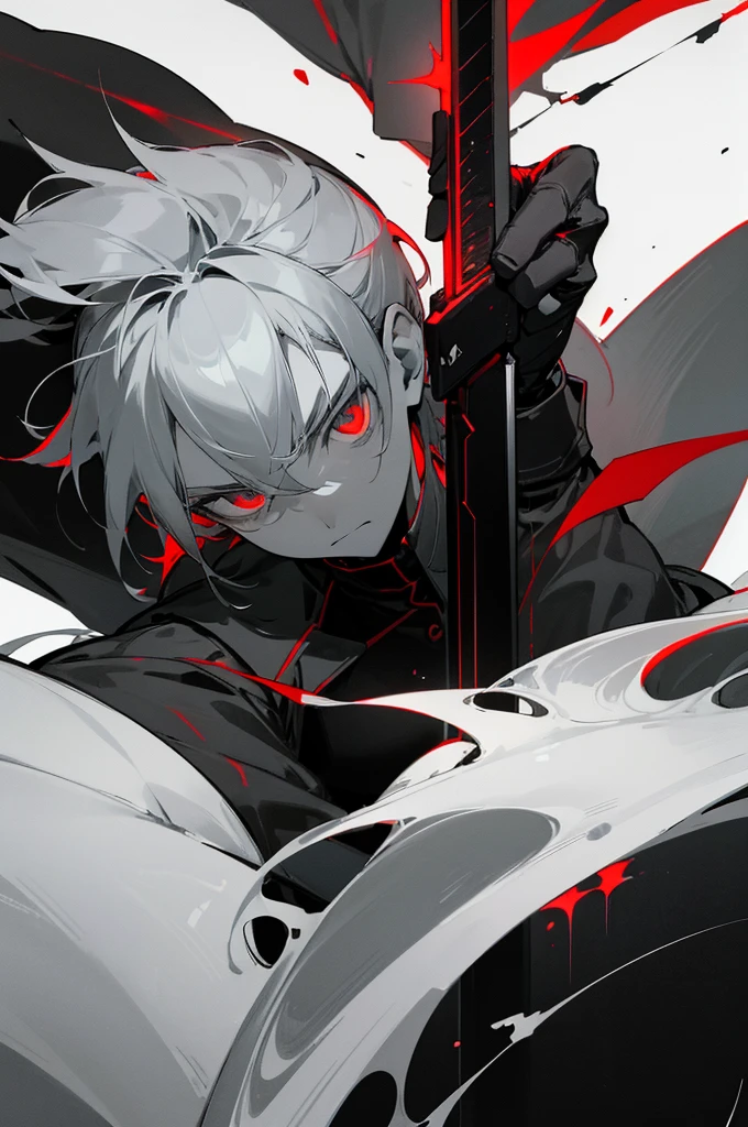 arm enterprise、Suppression Division、Combatant、male、cool、Calmness、adult、beautiful、Tie your hair up、sense of urgency、Sharp Eyes、Slender、Large、Great sword、Modern weapons、darkness、dark、melancholy、Machine-like personality、Intimidating、Expressionless、Loyal、Black theme、grayscale、Red accent color、High Contrast