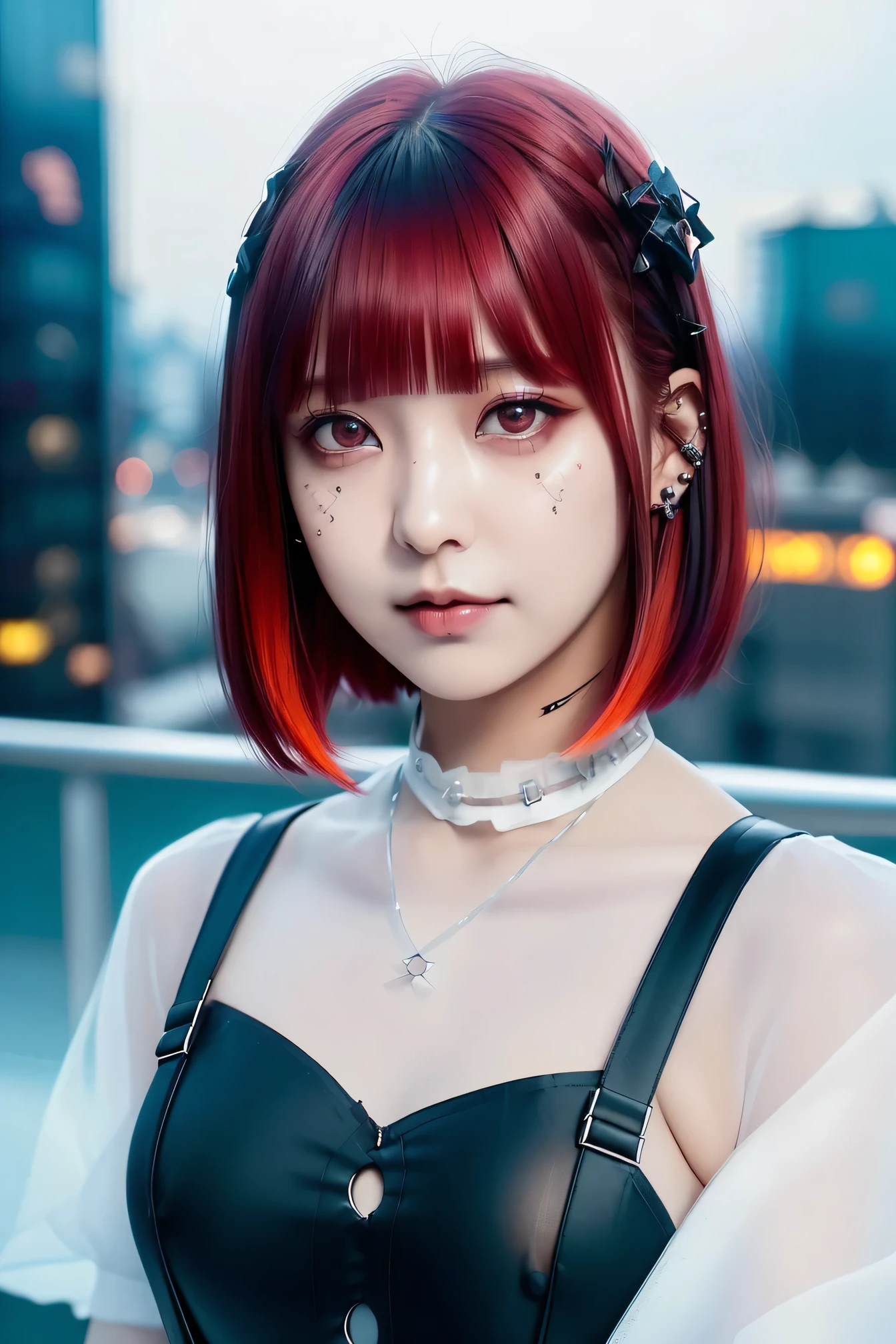 ((Rooftop of a building: 1,3)), ((Redhead, Goth_punk, alone, Medium Shot, Walking around Harajuku, ((night)), Blur, Neon Light, Rainbow Eyes, Starry Sky, Shiny red hair, White eyebrows, Shiny Hair, (Rainbow black hair), Earrings, good, jewelry, Blunt bangs, Busy eyes, Background Blur, Blur, hair ornaments, sight, short hair, Portraiture, Side Lock break ((Swedish girl, White skin, White)),((Women&#39;s Cheongsam Collar Short Sleeve Dress)), break (Gal: 1. 1),(Glamour: 1. 3),(night),(Supermodel: 1.3)) break ((earring, ring), Cowboy Shot,((Tall Man)),((Android)),((Top Angle:1. 3)),((From above, looking at the camera)),((Brothel, Soapland)),((Thin see -through)) Tight-fitting underwear with straps ))),((Not realizing that your nipples are visible through your stockings or underwear))),