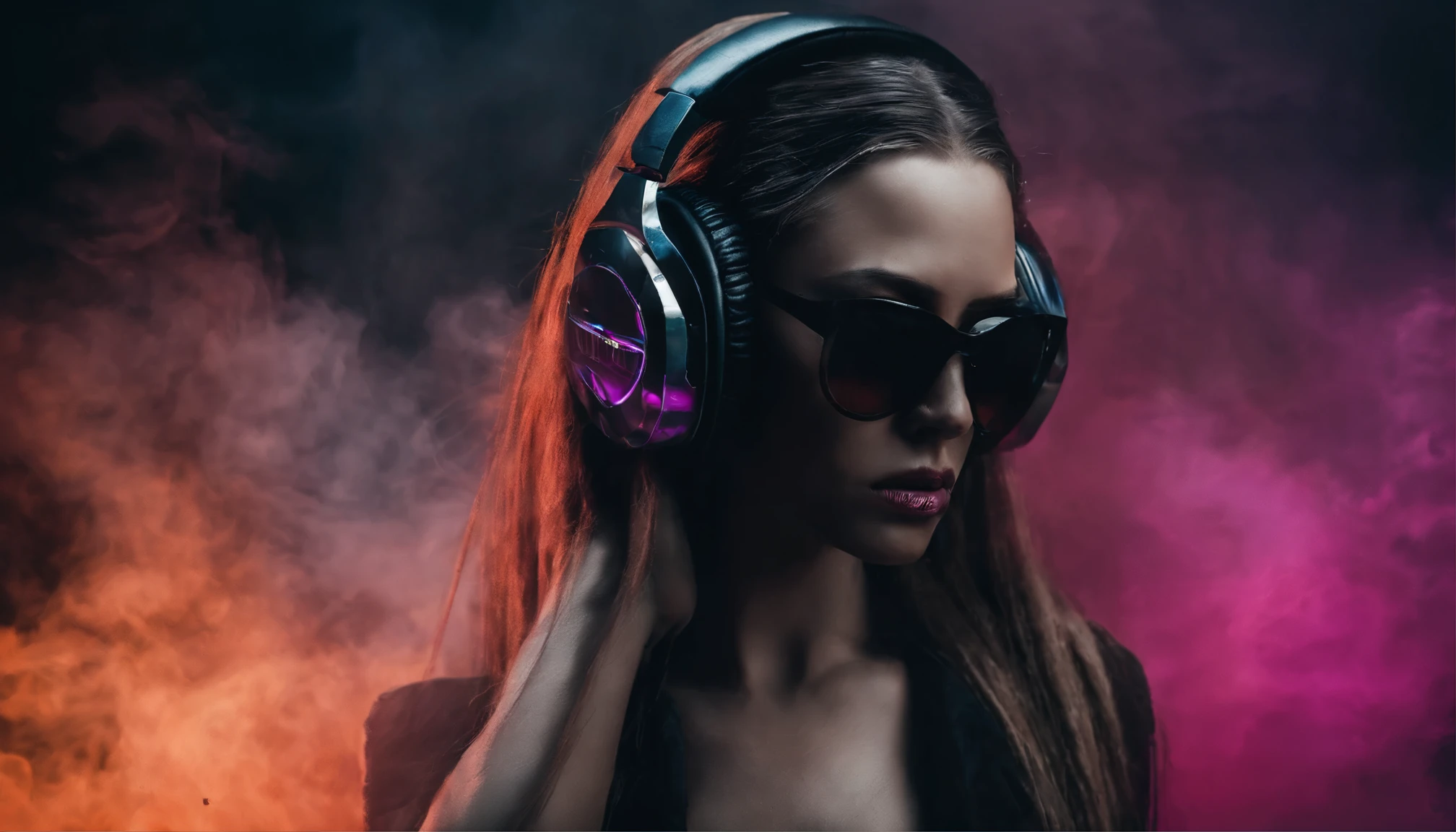 In the foreground is a beautiful young girl with long hair., wearing large stylish headphones. She looks confident and immersed in the music. There is a sports car in the background, shrouded in colorful smoke, creating a vibrant and dynamic atmosphere.
Details for creating a picture:
Main object:
beautiful young girl in bikini,in sunglasses.
long hair.
Large stylish headphones.
the background:
sports car (Sports car).
colorful smoke, surrounding car.
Style and mood:
Modern and dynamic style.
Bright and rich colors for smoke.
An atmosphere of energy and movement.
Technical specifications:
a high resolution.
Realistic or semi-realistic stylization.
Well-detailed details of headphones and car.
Dramatic lighting to create striking contrasts and highlight key elements