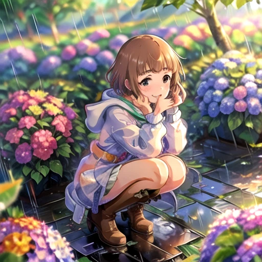 yuzuimas, smile, holding, flower, boots, outdoors, hood, blurry, squatting, rain, hydrangea, puddle, raincoat