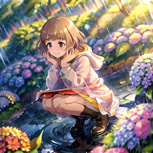 yuzuimas, smile, holding, flower, boots, outdoors, hood, blurry, squatting, rain, hydrangea, puddle, raincoat