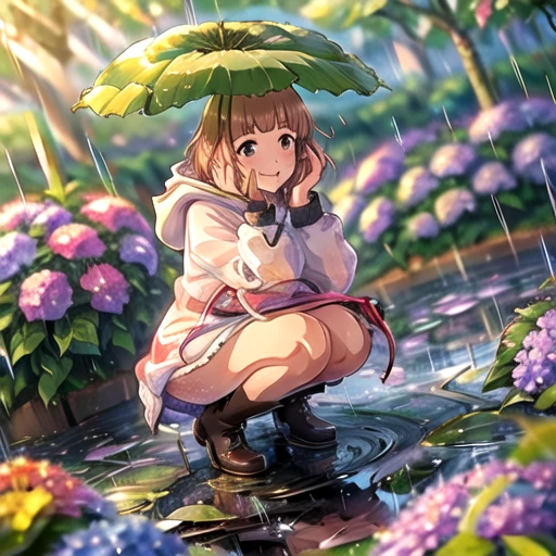 yuzuimas, smile, holding, flower, boots, outdoors, hood, blurry, squatting, rain, hydrangea, puddle, raincoat