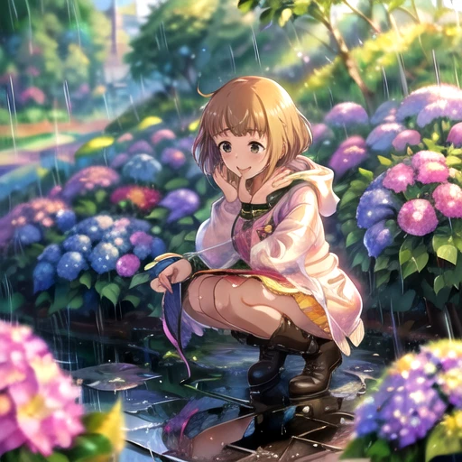 yuzuimas, smile, holding, flower, boots, outdoors, hood, blurry, squatting, rain, hydrangea, puddle, raincoat