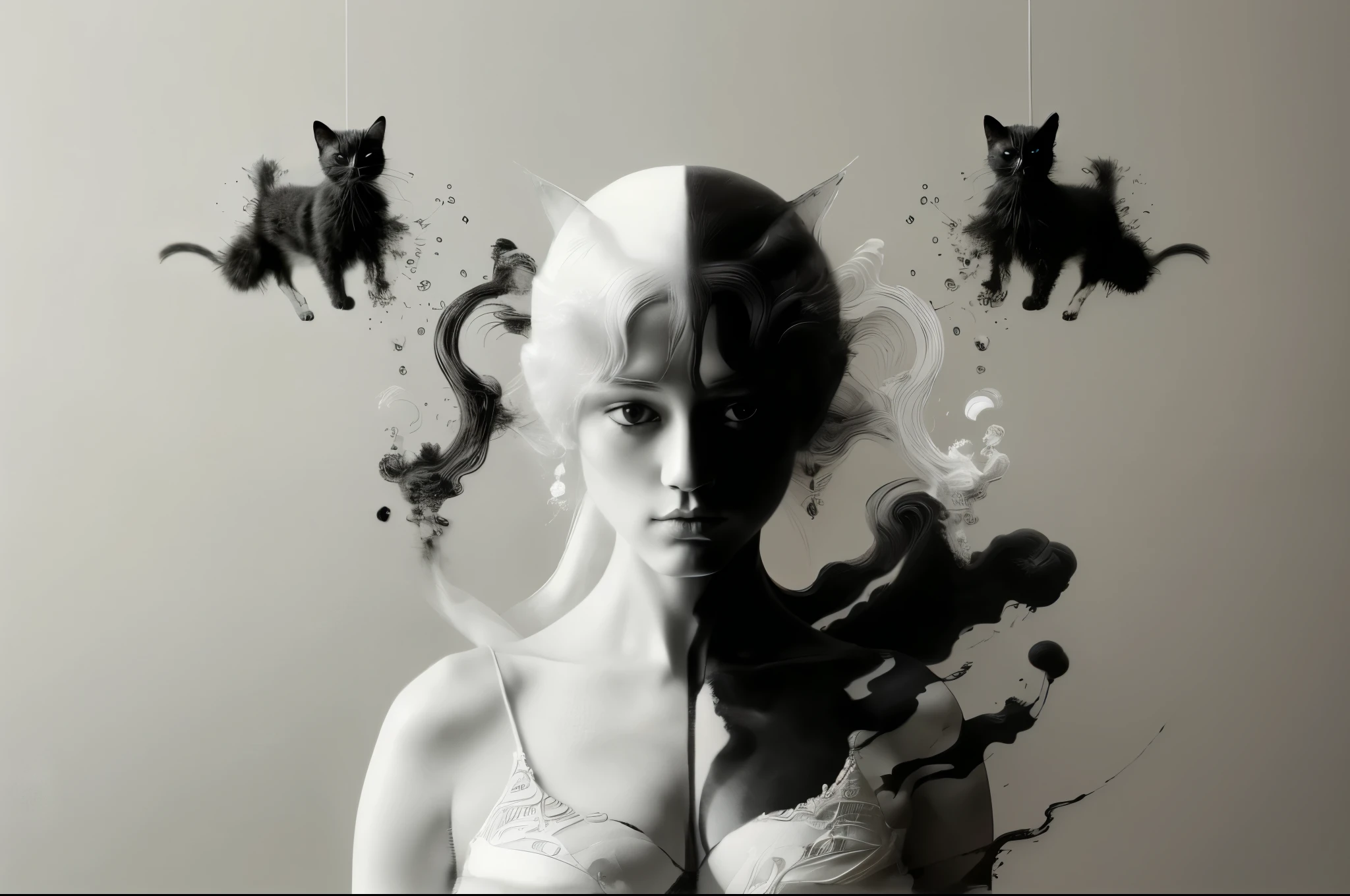 a girl with cat, Ink style painting, Ink Style Figure, warm atmosphere, minimalism, monochrome, Grayscale, clear lines, (best quality, masterpiece, Representative work, official art, Professional, Ultra high detail, 8k)