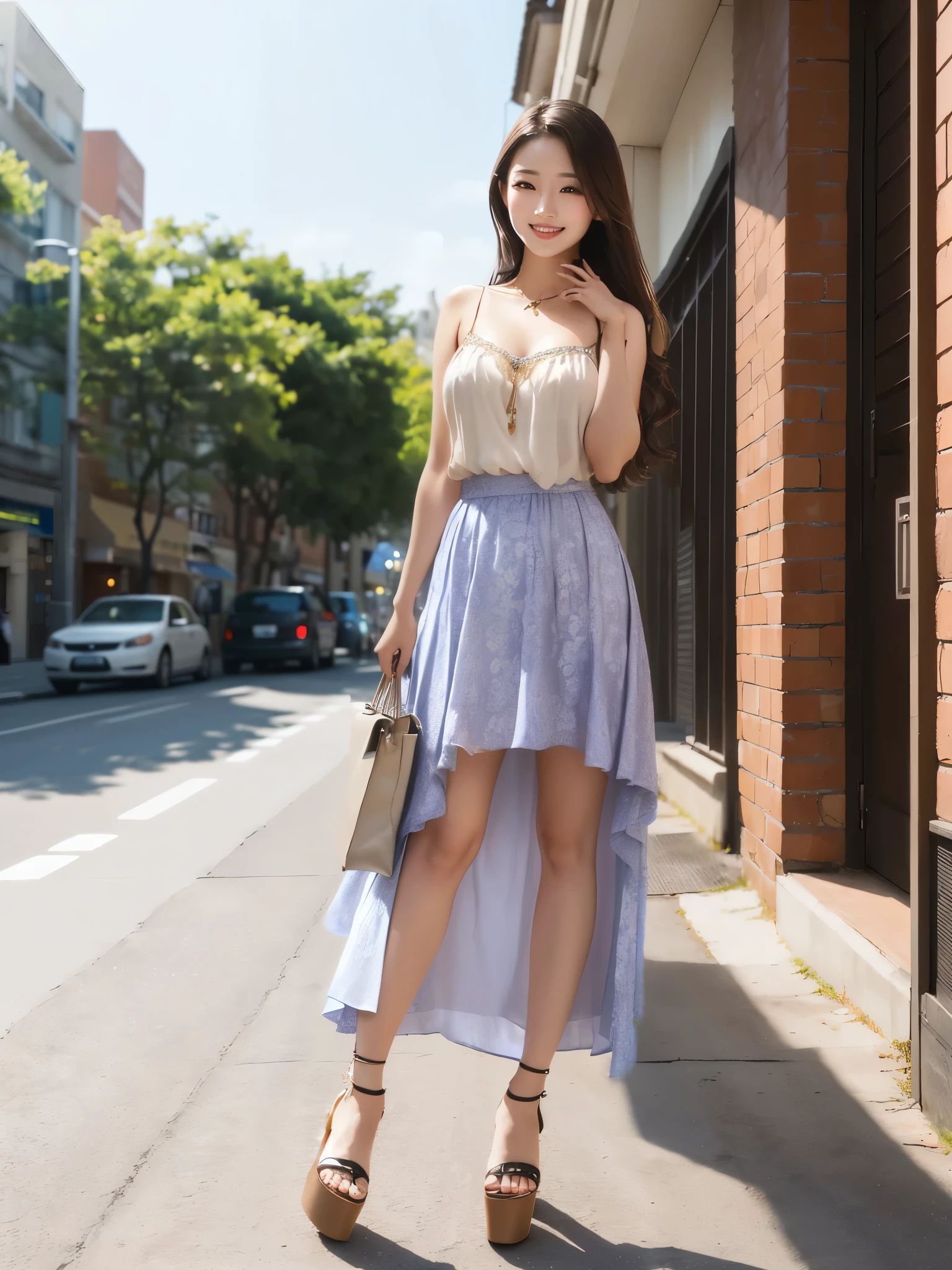 A woman wearing a cute camisole and a white long skirt、Arabian woman standing on the sidewalk wearing high heels, korean female fashion model, gorgeous young Korean women, Korean Girls, beautiful young Korean women, Korean women, Choi Hong-hwa, beautiful south Korean women, On the street, Jaeyoung Nam,E Cup、Emphasize the chest、