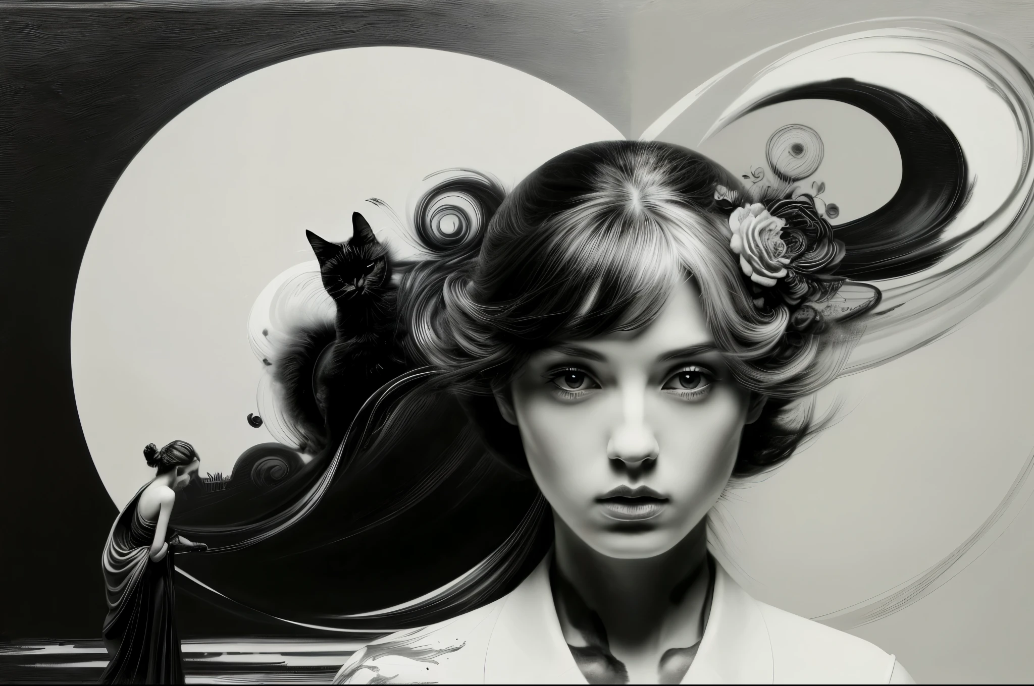 a girl with cat, Ink style painting, Ink Style Figure, warm atmosphere, minimalism, monochrome, Grayscale, clear lines, (best quality, masterpiece, Representative work, official art, Professional, Ultra high detail, 8k), (mybeauties, detailed, wabstyle)