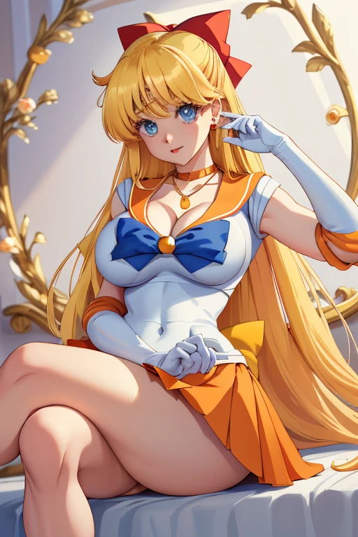 masterpiece, best quality, High resolution, Venus 1, 1 Girl, Solitary, ( (((Large Breasts、Breast sagging、Low-cut,Cleavage ,Wide hips,)))((Long legs)),Hourglass figure)))Sailor Suit, Sailor Venus, Minako Aino, Blonde Hair, Magical girl, blue eyes, orangeskirt, Elbow gloves, Headdress, Pleated Skirt, Hairpin, Orange sailor collar, mini skirt, Necklace, Red bow tie, orange Necklace, White gloves, Very long hair, Jewelry, earrings, Cross your legs,
