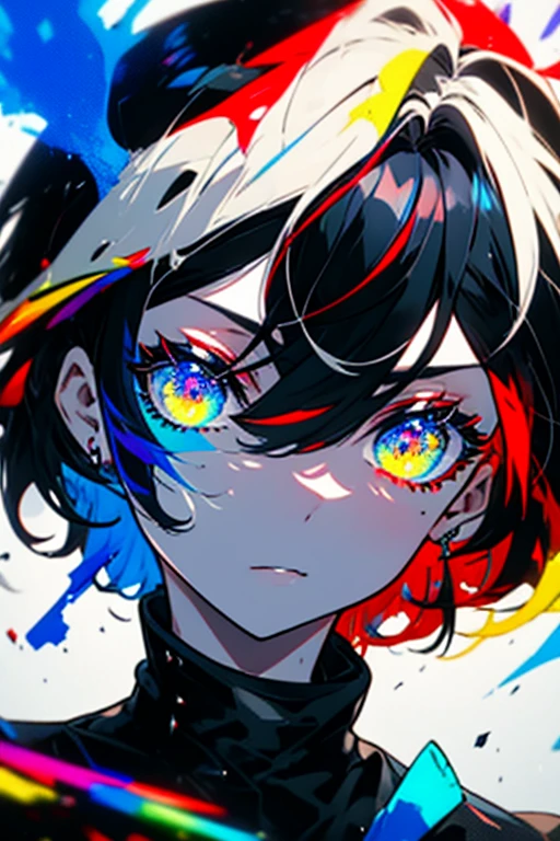 1male,solo,cool,black and short hair,colorful,paint,upper body focus,perfect face,face is dirty for painting,brilliant eye,vivid eye,colorful eye,red and blue and silver