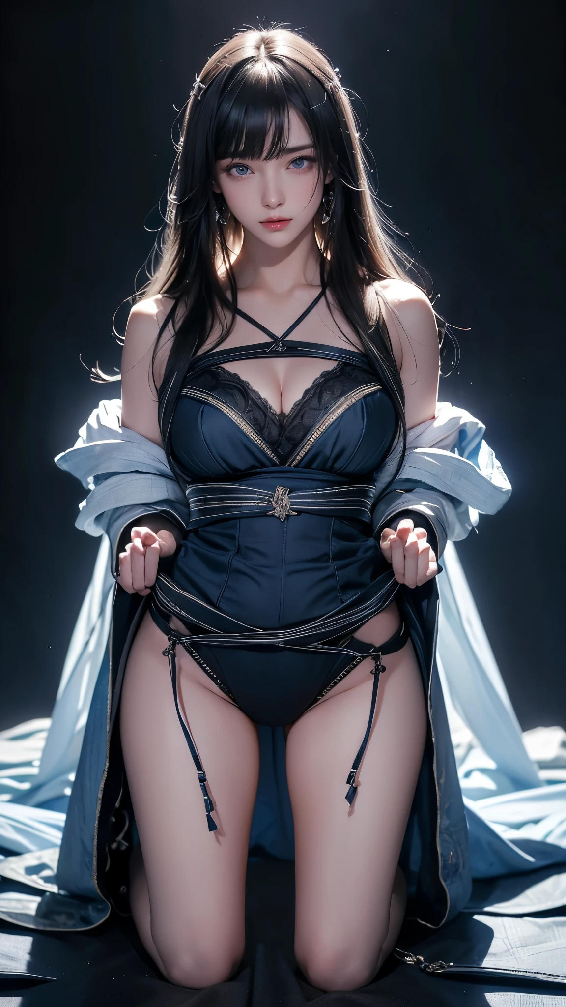 masterpiece, highest quality, Super detailed, Facing the camera, 複雑に詳細なSuper detailed, Realistic, Sharp features, Very detailed, Sharp focus, Perfect Face, Perfect symmetrical perfect eyes, Perfect Plump Lips, Flexible female form, Cinematic, Film Light, Super detailed, hyper Realistic, masterpiece, Atmospheric, High resolution, Vibrant, Dynamic Studio Lighting, ((Dark Background)), The expression when enduring pleasure, Straight bangs, blue eyes,Sexually aroused expression、Her black thong shorts are visible through the fabric、(((Hands restrained above head))), (((Hands hung))), (((Kneeling with your crotch open)))