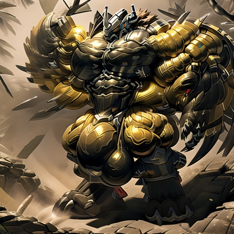 universe, wargreymon,, (gigantic muscles), 8K, Masterpiece, highres, future fiction. Detailed head, Detailed Body, full body, Detailed abs, wearing crNanosuit, big muscle (pecs, triceps, traps) unusually developed muscular body, body full of huge muscles. showing off muscles, pectorales enormes. Exaggeratedly huge muscles. Gigachad Muscular, gigantic muscles, Colossal giant NANOSUIT over a battlefield, The claws are sharp, Sharp teeth, Spread wings, have big wings. nj5furry, Animal paws, hyper penis (black color), long legs, There are super huge creatures,