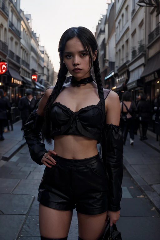 Full body portrait, Wednesday Adams, Jenna Ortega, 30 yers old, gothic underwear, standing in dark Paris street, body long arms, cinematic atmosphere, perfect eyes, perfect hands, ultra-sharp, high resolution, imperfect skin, natural skin, wide angle shot