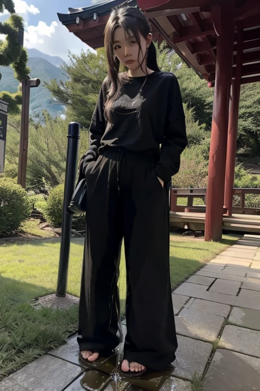 Japanese Girl sees the ghost and pees her black palazzo pants until her pants are wet in fright.