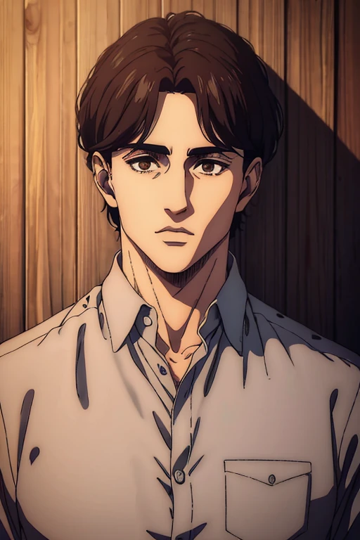 (best quality,4k,8k,highres,masterpiece:1.2),ultra-detailed,(realistic,photorealistic,photo-realistic:1.37), young man , mappa art style, heart-shaped face, show his sharp almond brown eyes , dark brown hair , his hair is medium length well styled , he looks handsome, he is fair, he looks very young, sharp jawline, he is wearing grey shirt, vibrant color,