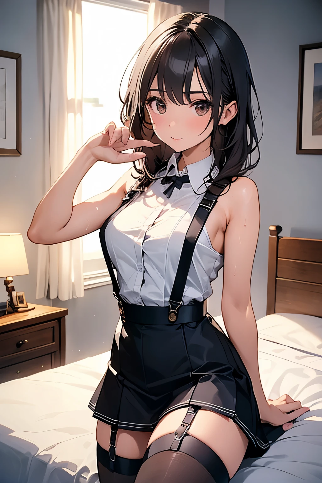 Staring at the audience　　　Black suspenders　　　bulging big breasts　　 　 　　　wall 　mini skirt　garterbelt　garter　　　　　　sight　　　Small face　 　　　holster　　　Beautiful woman　　Show your hand　　 Lying in bed　　sight 　　Taunt　side　side汗 　arm　　belt　summer　Armpit sweat