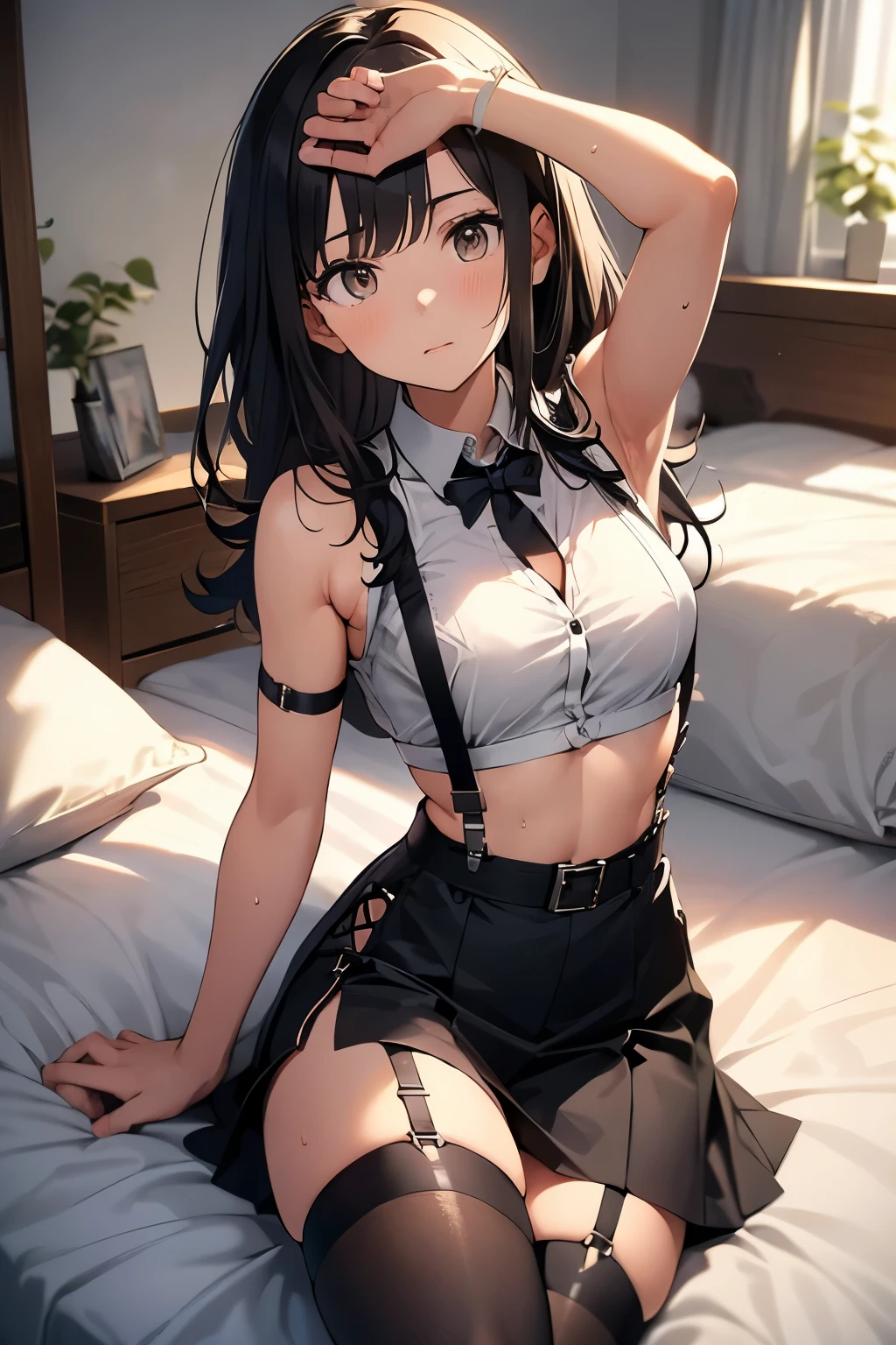 Staring at the audience　　　Black suspenders　　　bulging big breasts　　 　 　　　wall 　mini skirt　garterbelt　garter　　　　　　sight　　　Small face　 　　　holster　　　Beautiful woman　　Show your hand　　 Lying in bed　　sight 　　Taunt　side　side汗 　arm　　belt　summer　Armpit sweat