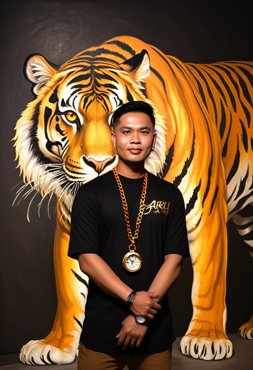 A Filipino MAN with short hair, wearing a Gold Color chain and watch, and with a small Name and Signature "Ariel Editor" on the Side and Center, He is Standing next to a huge tiger roaring at the camera. The background is black with Shadow gray and an orange light shining from the front. The image has the appearance of an oil painting.