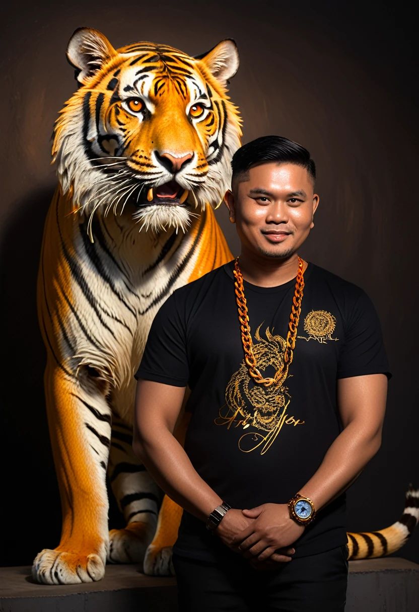 A Filipino MAN with short hair, wearing a Gold Color chain and watch, and with a small Name and Signature "Ariel Editor" on the Side and Center, He is Standing next to a huge tiger roaring at the camera. The background is black with Shadow gray and an orange light shining from the front. The image has the appearance of an oil painting.