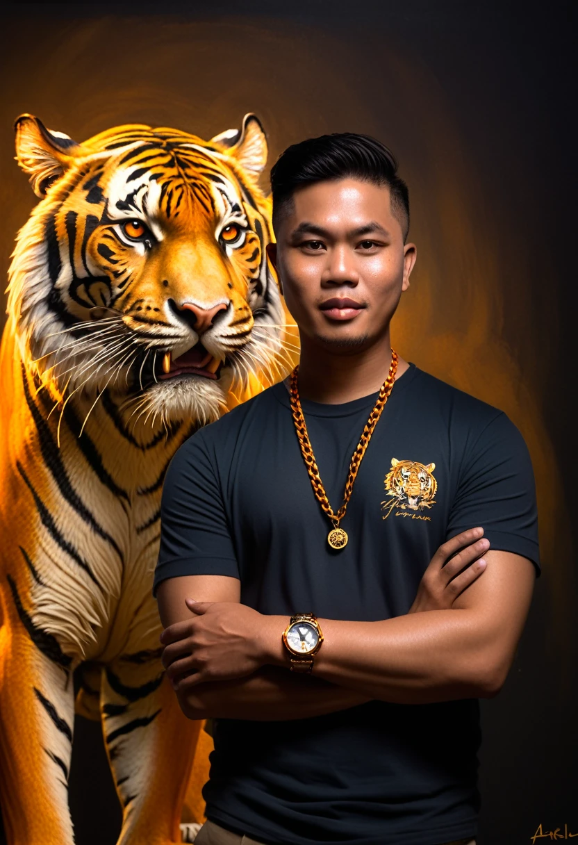 A Filipino MAN with short hair, wearing a Gold Color chain and watch, and with a small Name and Signature "Ariel Editor" on the Side and Center, He is Standing next to a huge tiger roaring at the camera. The background is black with Shadow gray and an orange light shining from the front. The image has the appearance of an oil painting.